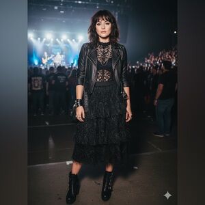 Beulah Black Multi Tiered‎ Ruffle Feathery Fringe Textured Midi Skirt Size M NWT